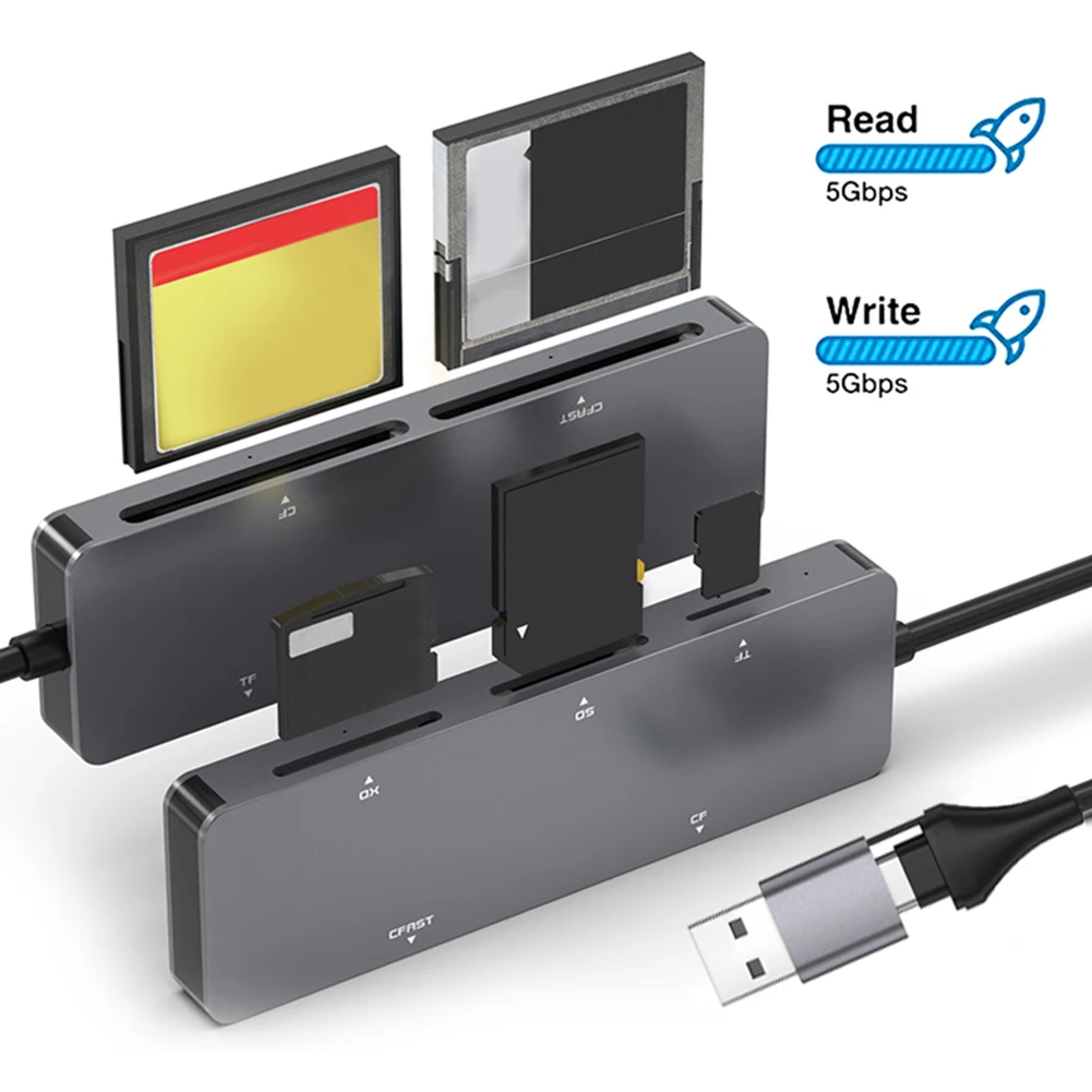 

Устройство чтения карт памяти 5 в 1, адаптер для чтения карт памяти 5 Гбит/с CFast + XD + CF + SD + TF, адаптер для чтения нескольких карт Type-C и USB A для ОС Windows
