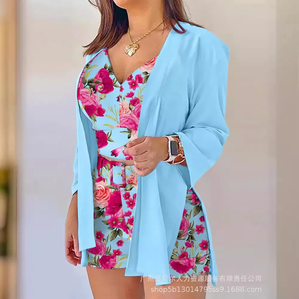 Spaghetti Strap Floral Print Top & Shorts Set With Coat Women Loose Open Cardigan High Waist Floral Shorts Pants Summer