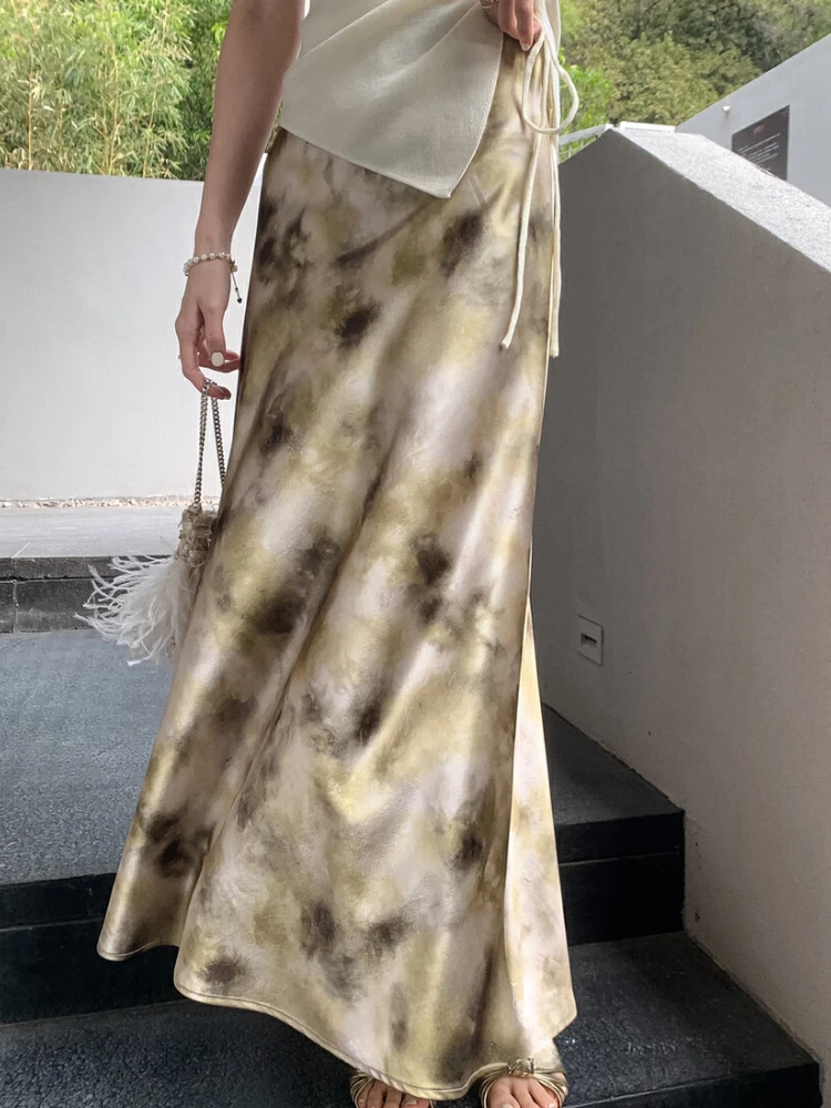 Spring Woman‘s Long Skirt Silk Smooth Ink Printing High Waist Fishtail Skirt Lady Elegant Art Flower Satin A-line Skirts Woman