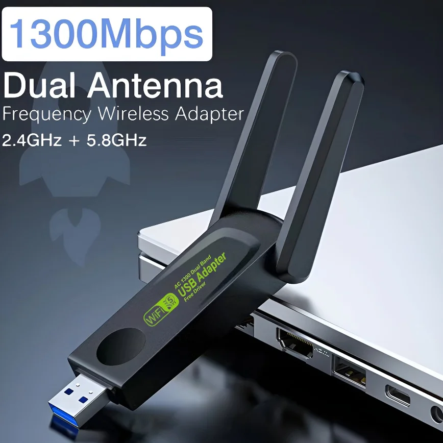 

USB-адаптер Wi-Fi 1300 Мбит/с Wi-Fi-ключ USB3.0 двухдиапазонный беспроводной сетевой адаптер 5G/2,4G с двумя антеннами 5 дБи для настольных портативных ПК