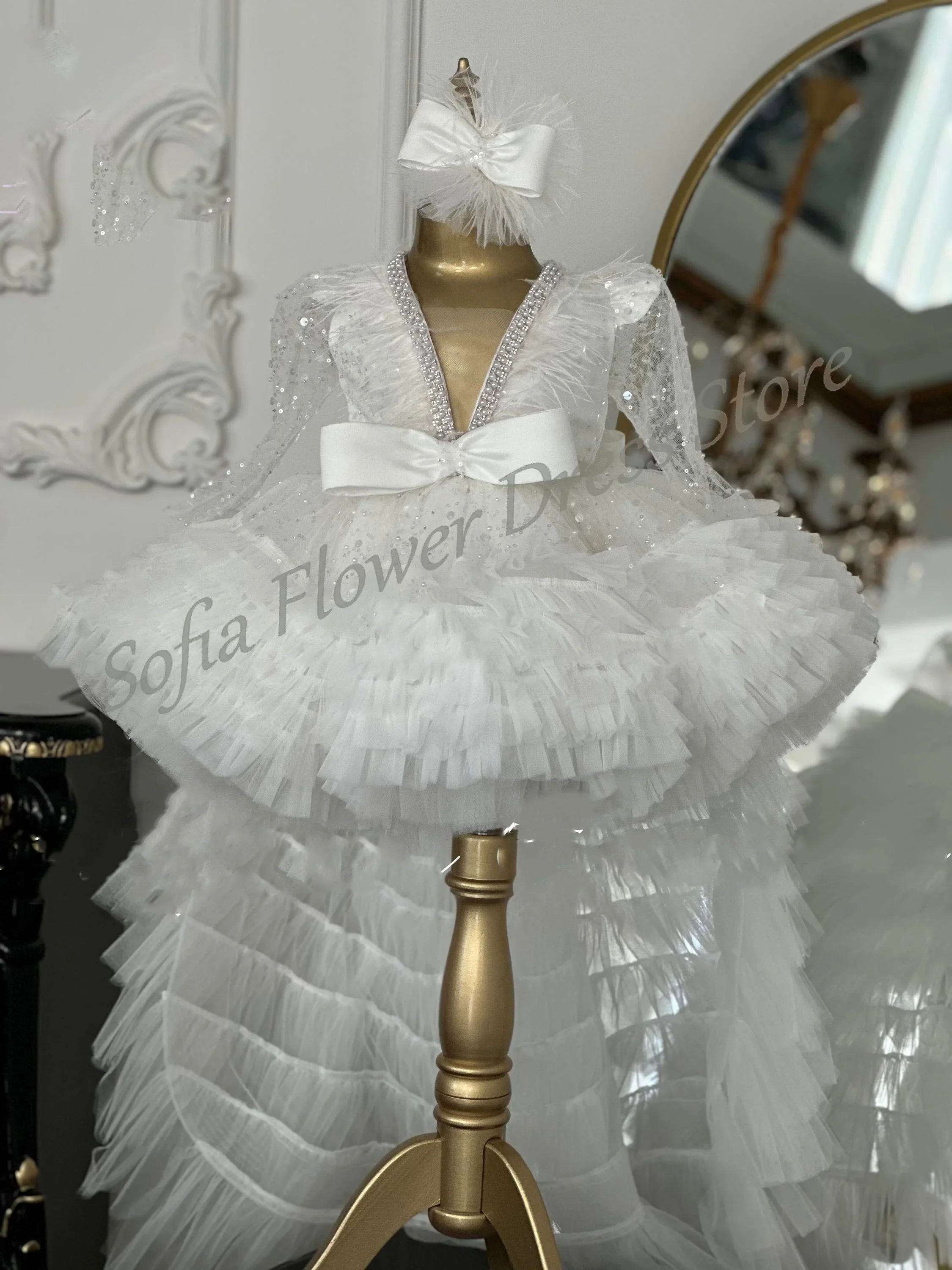

Princess Tiered Flower Girl Dress For Wedding Bridesmaid A-Line Shiny Long Sleeves Dress Girls Gorgeous Birthday Party Ball Gown