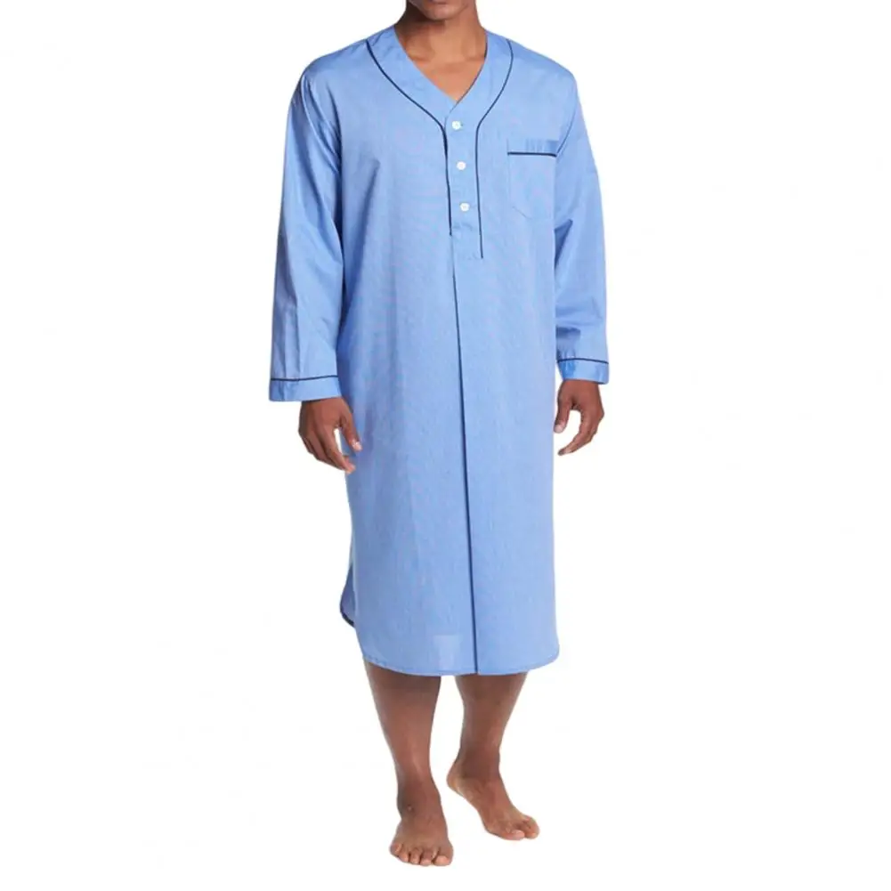 Men Night Robe Loose V Neck Long Sleeve Nightgown Solid Autumn Pajamas Soft Comfy Sleepwear Top Casual Homewear New