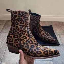 New Leopard Print Patchwork Ankle High Cut Side Zipper Pull-Up Boots with Pointed Tips for Men's Short Boots, Unisex