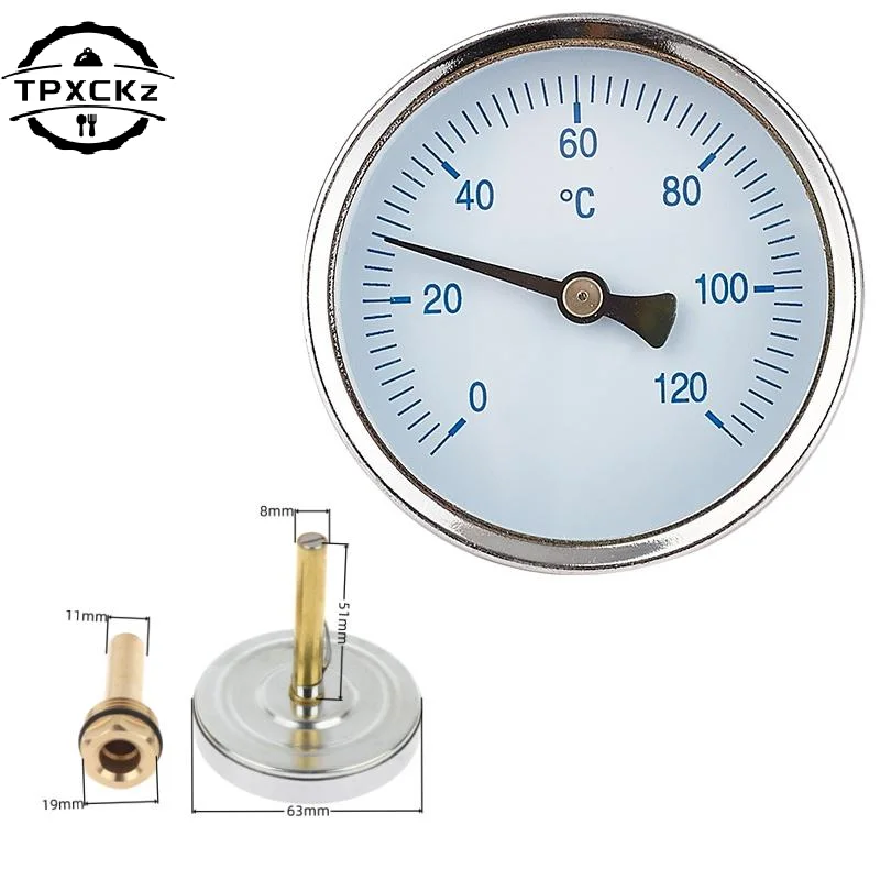 

1 шт. 1/2-дюймовый осевой винтовой буферный терморегулятор для котлов отопления 120 ° Датчик температуры воды, биметаллический термометр с медной оболочкой