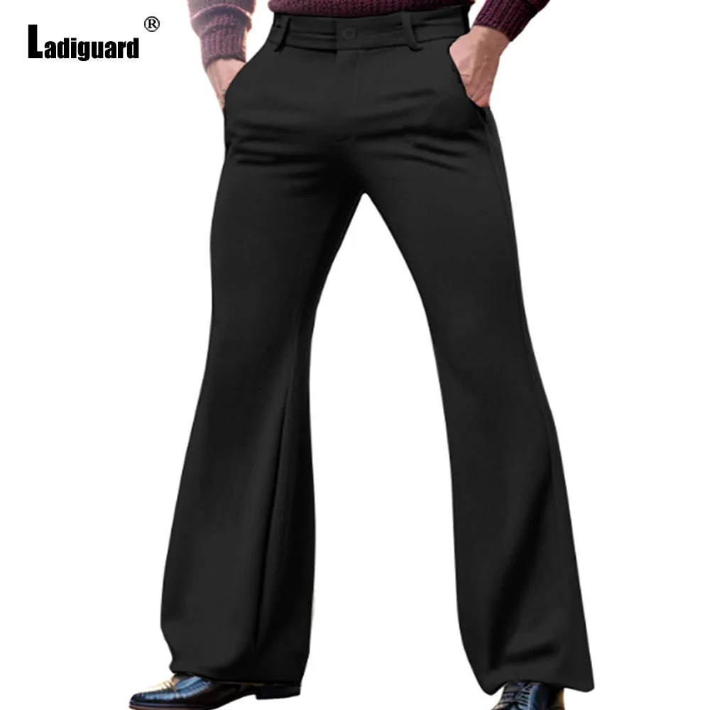 Ladiguard 2024 Male Stand Pocket Elegant Flare Pants Solid Khaki Soft Basic Trousers Plus Size Mens Fashion Buttons Up Pants New