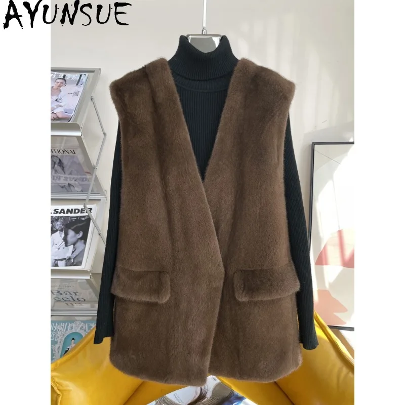 AYUNSUE Purple Label Velvet Whole Mink Fur Vest V-neck Fur Jacket Sleeveless Tops for Woman Luxury Fur Coat Woman Clothes Шуба