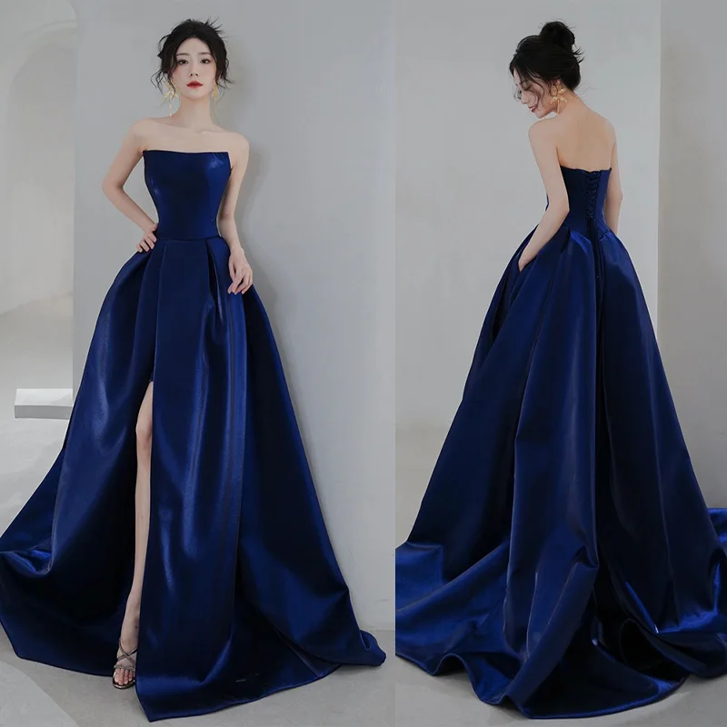 It's Yiiya Strapless Elegant Blue Pleat Floor-Length Lace Up A-Line Sleeveless Satin New Formal Dress Dress Woman Party A2917