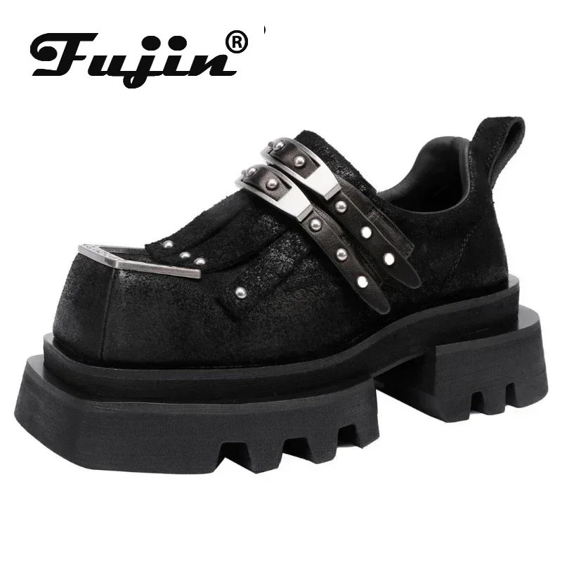 Fujin 7cm Luxury Square Toe Women 2024 Moccasins Gothic Motorcycle Shoes Cow Suede Genuine Leather Autumn Fashion Spring Punk