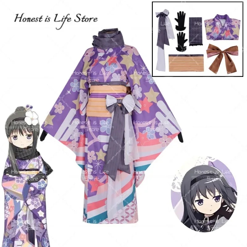 أنيمي Akemi Homura تأثيري كيمونو Puella Magi Madoka Magica زي مطبوعة موحدة فستان مجموعة حفلة اللعب الزي Wo4;v'5,f;6.j;8'