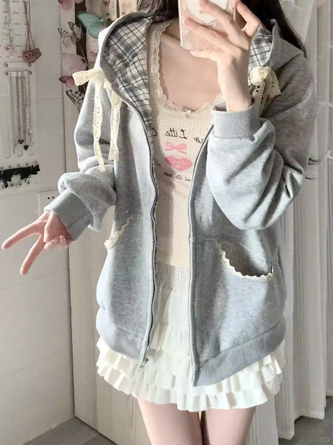 Lace Bow Elegant Hoodie Women's Oversized Slim Fit Zipper Tops Plaid Patchwork Coat Y2k Hooded Jacket 2025 Korean Fashion Autumn