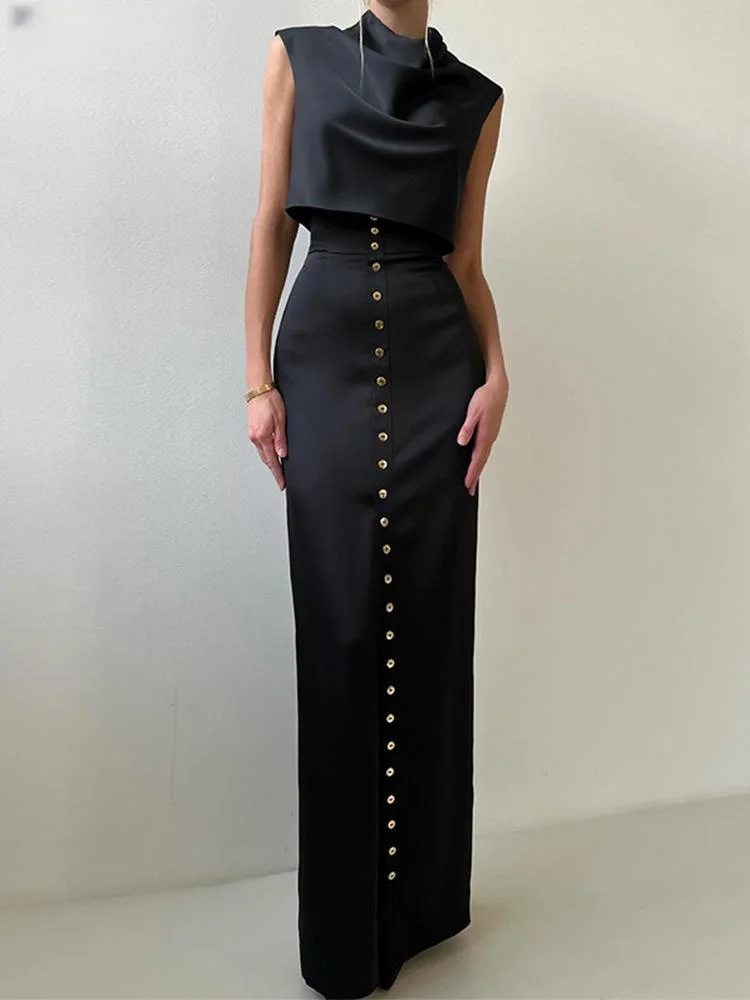 Elegant 2025 Crop Top Skirt Set Women Turtleneck Sleeveless Vest High Waist Button Long Skirts Lady Satin Solid Outfits한국 투피스 세트