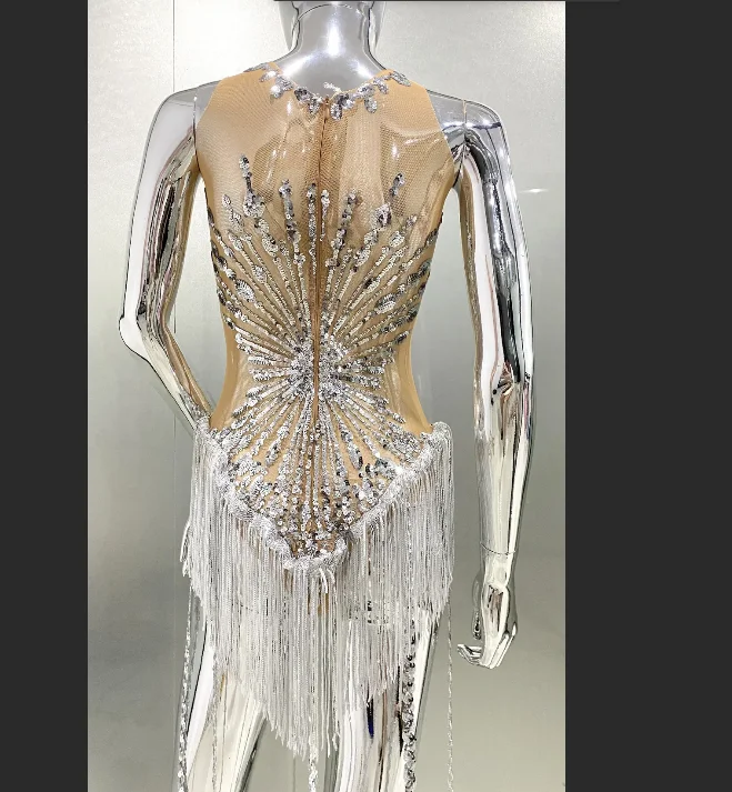 Sliver Sequins Shining Diamonds Long Tassel Sleeveless Mini Dress Evening Dress Woman Birthday Party Outfit