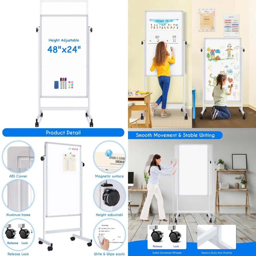 กระดานไวท์บอร์ดแบบมีล้อ Maxtek, ขนาด 48 x 24 นิ้ว ปรับความสูงได้, กระดานไวท์บอร์ดแม่เหล็กขนาดใหญ่แบบตั้งพื้นเคลื่อนที่ได้, กระดานแบบสองด้าน