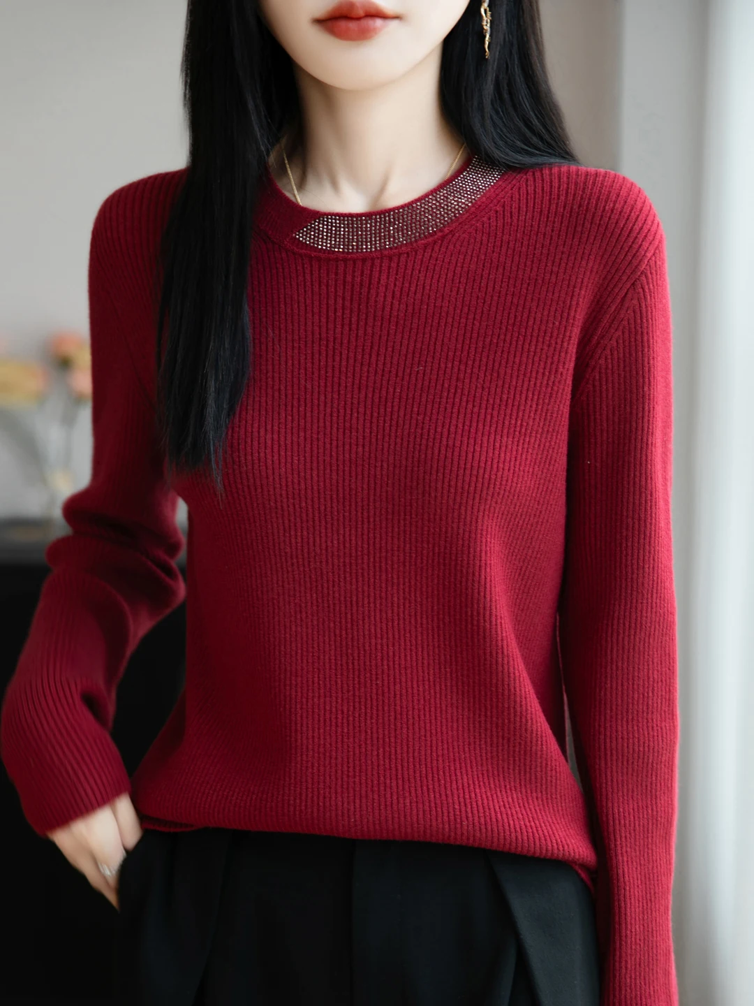 

Теплый вязаный свитер с круглым вырезом и стразами для женщин, облегающий, с длинным рукавом, для осени и зимы