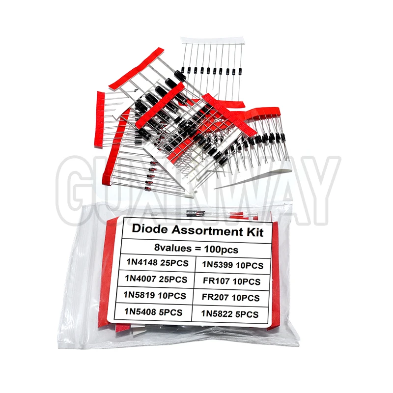 100 قطعة 8 قيم ديود طقم مكونات إلكترونية التبديل السريع مجموعة شوتكي 1N4148 1N4007 1N5819 1N5399 1N5408 1N5822 FR107 FR207 #1