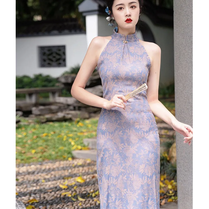 

Women Purple Improved Long Cheongsam Slim Vintage Halter Dress Sleeveless Chinese Style Costumes Sexy Backless Dress S To XXL