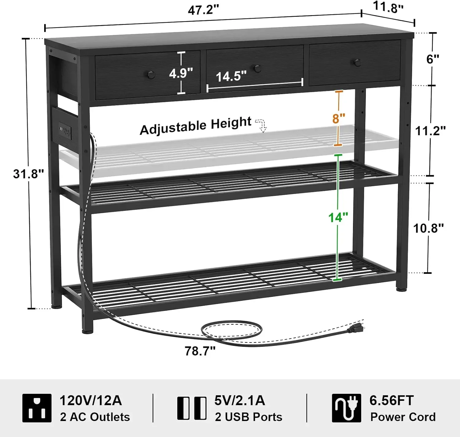47'' Entryway Table with Outlets and USB Ports, Console Table with 3 Drawers, Sofa Table Narrow Long with Storage Shelves