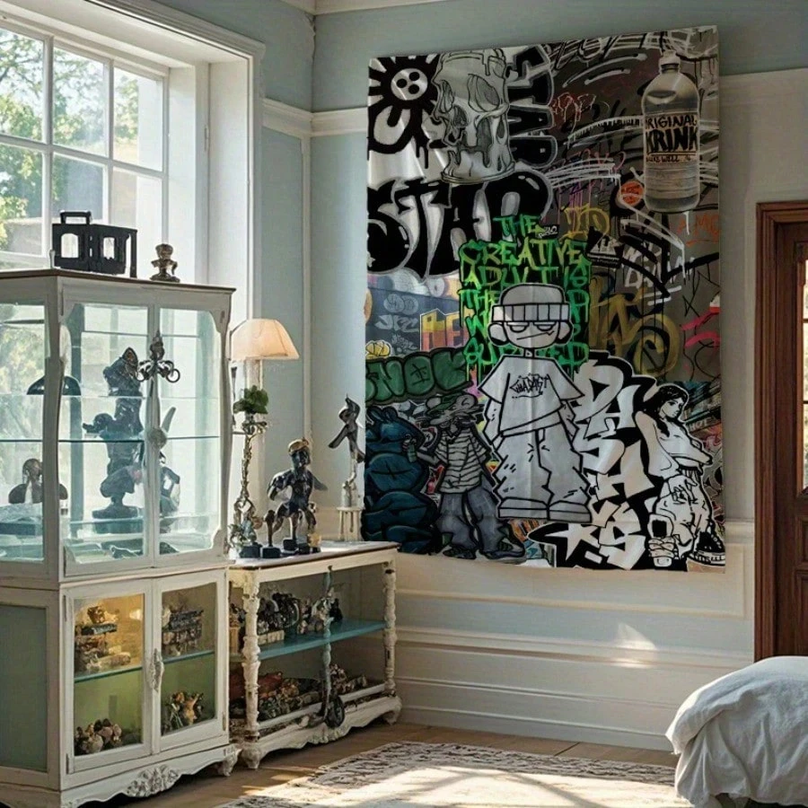1pc Cool Graffiti Street Art Wall Tapestry for Bedroom Living Room, Polyester 2D Print, Hip Hop Decor & Unique Skater Gift