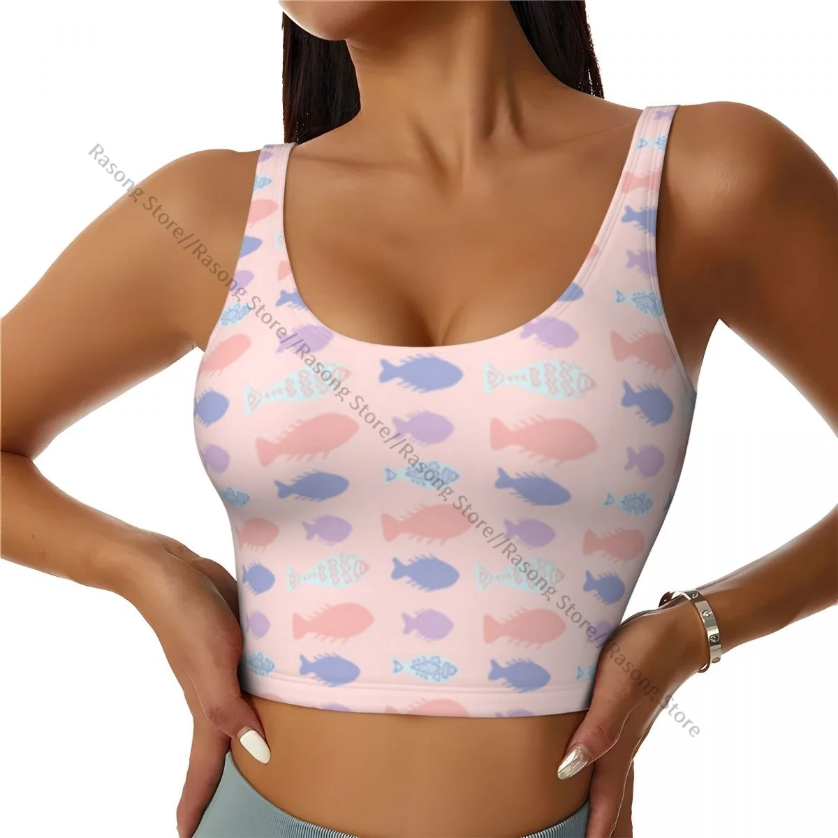 Women Sexy Sports Vest Pink Pastel Fish Stripes Pattern Female Streetwear Sport Lingerie Tee Crop Top
