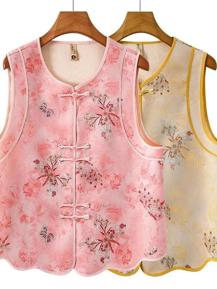 New Women's Vest Spring Autumn Floral Pattern Button up Middle Aged And Elderly Large Size Chinese Style National Wind Backless