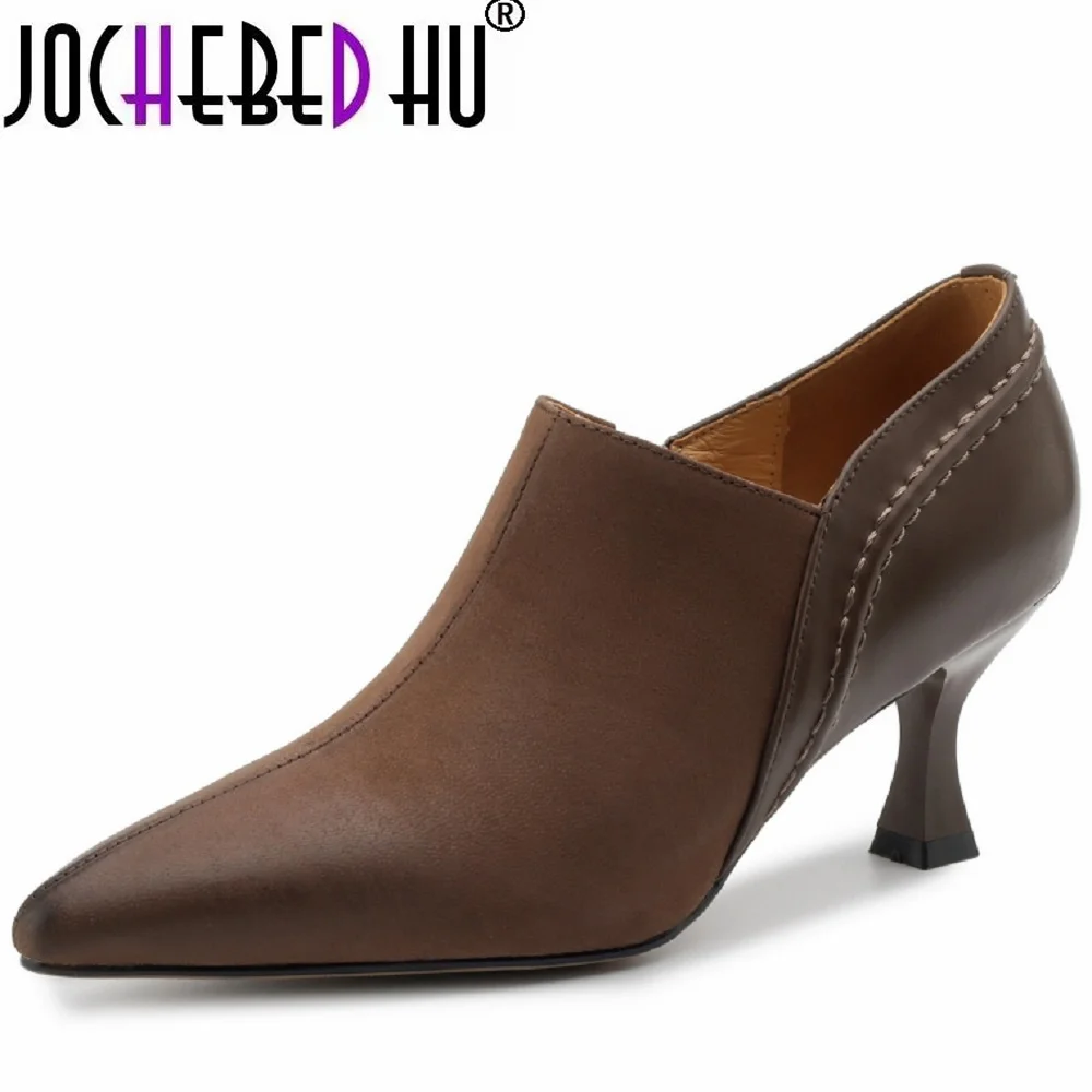 【JOCHEBED HU】New Brand Genuine Leather Women Shoes Slip-On Pumps High Heels Pointed Toe Heels Shoes Office Ladies Shoes 34-41