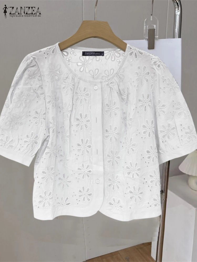 

ZANZEA O-Neck Short Puff Sleeve Shirts Casual Openwork Embroidery Button Up Elegant Solid Tops Women 2025 Summer Fashion Blouses