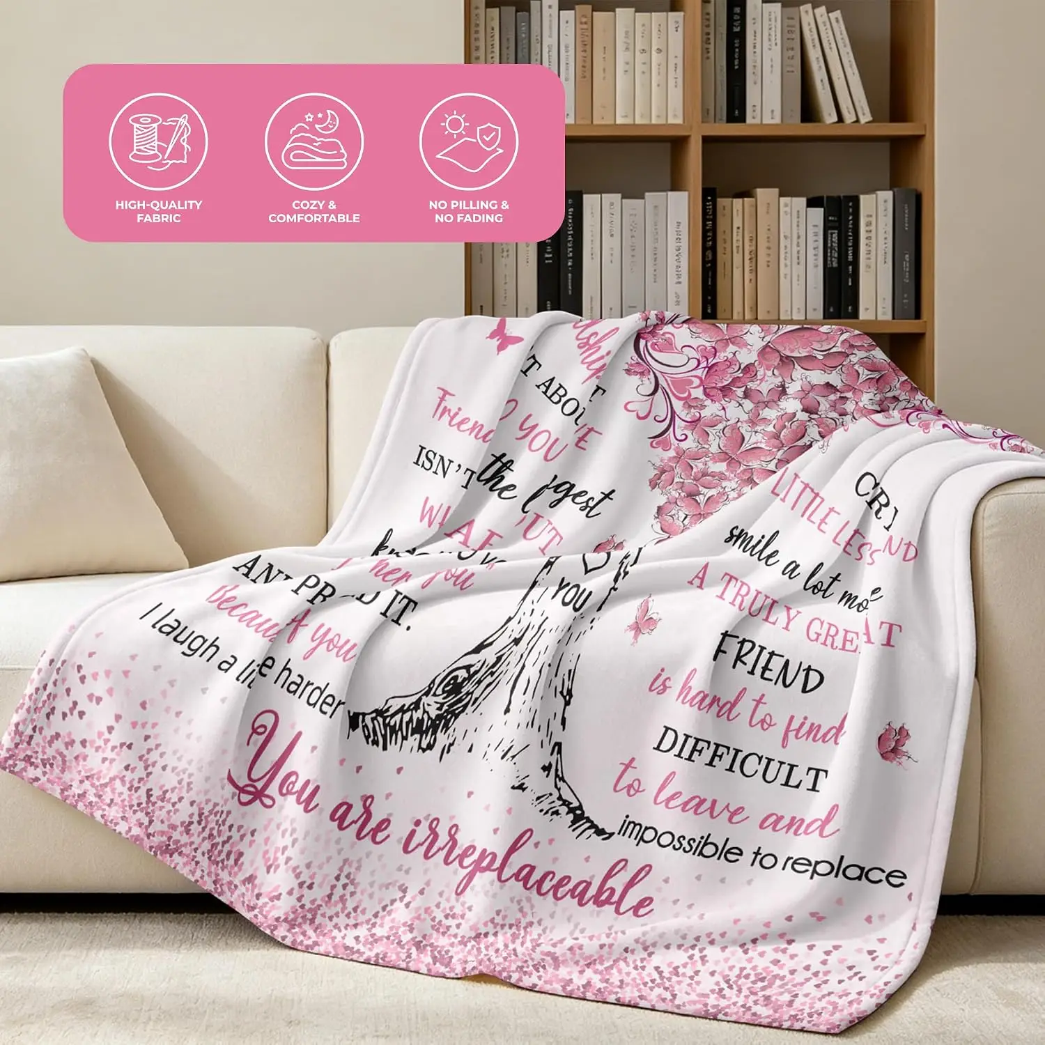 Pink Best Friend Floral Tree Throw Blanket, Friendship Quote Printed Blanket with Heart Shaped Blossom Design, Lightweight Decorative Couch Throw for Sofa Bedroom Living Room, Romantic Pink Home Decor, Heartfelt Gift for Best Friend, Birthday Holiday Gift