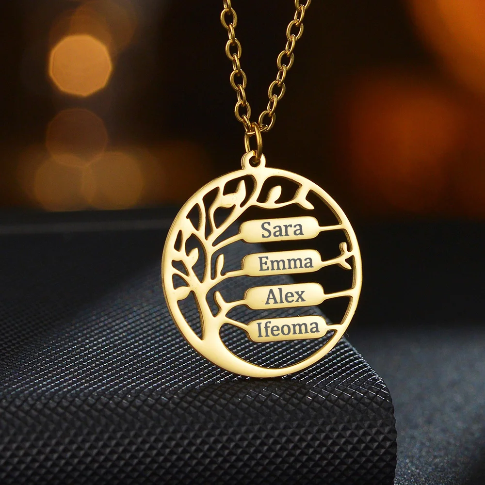 Akizoom Custom Name Life Tree Necklaces Stainless Steel Engrave Name Heart Pendant Choker for Women Kids Jewelry Birthday Gift