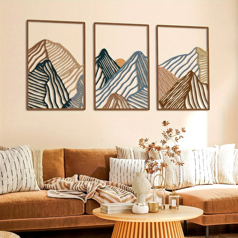 

3pcs/aet Minimalist Mountain Landscape Metal Wall Art, Square Hollow-Out Panels, Modern Home Decor For Living Room, Bedroom