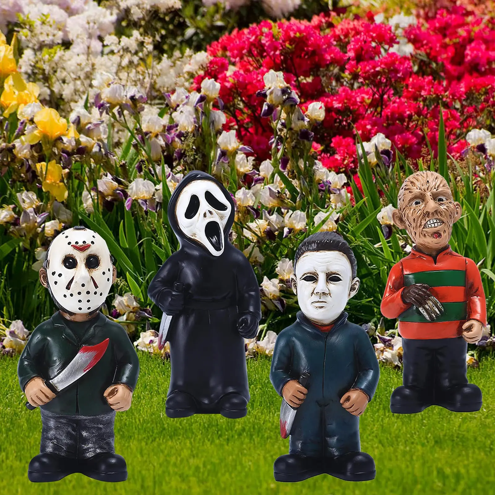 

Horror Movie Garden Gnomes Decoration Outdoor Statue Nightmare Jason Michael Myers Figurines Lawn Decor Halloween Decorations