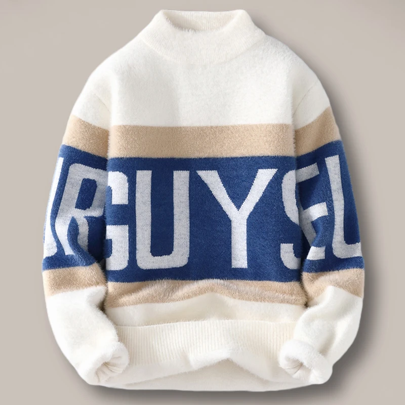 

Thiened Warm Men's Knitted Sweater Autumn Winter New Sle Mink Velvet Woolen Coat Student Faion Long Sve Crew Ne