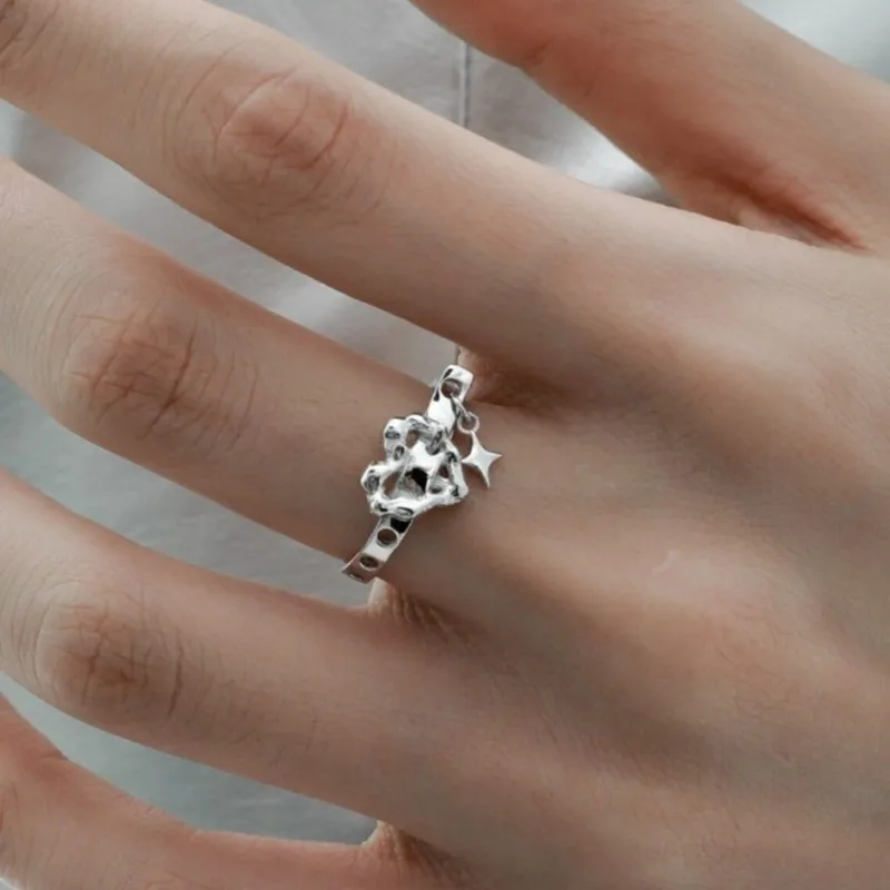 

VENTFILLE 925 Sterling Silver Love Herat Ring for Women Star Texture Design Hollow Out Adjustable Jewelry Gift Dropshipping