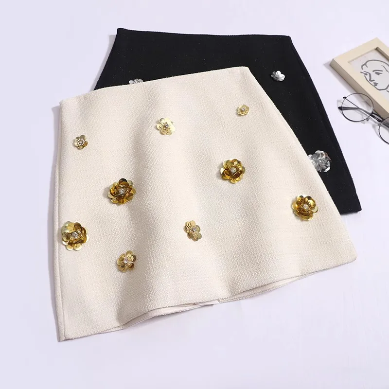 

Chic Heavy Industry Three-Dimensional Beaded Petal Skirt Women Autumn Winter New High Waist Anti-Light A- Line Hip Short Skirt