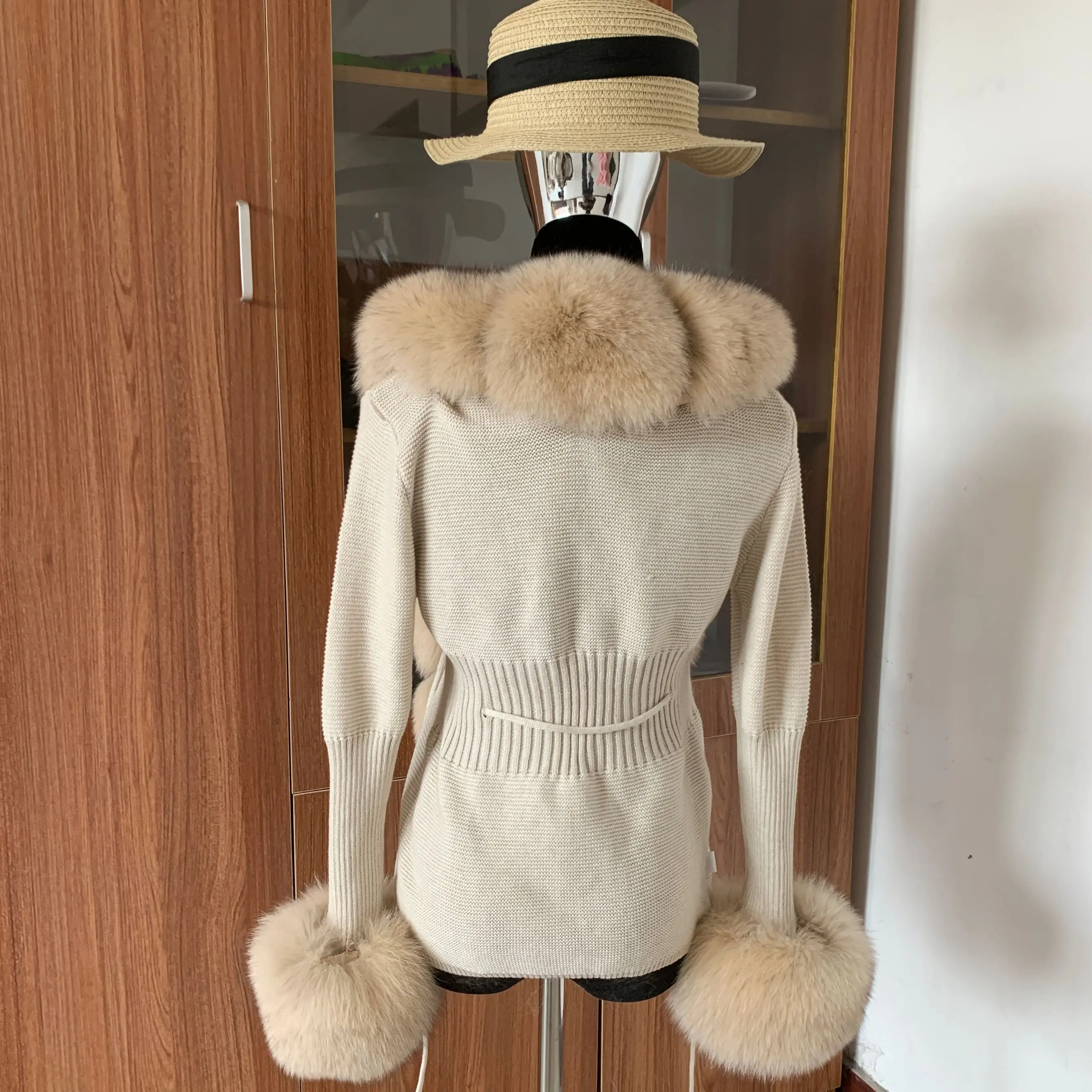 Women\'s Fashion Real Fox Fur Knitted Cardigan Fur Coat Natural Raccoon Fur Plus Knitted Sweater Cardigan Spring and Autumn Jacke