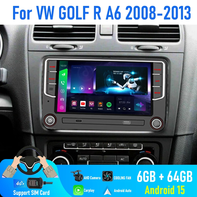

7'' For VW GOLF R A6 2008-2013 Car Radio 4G SIM Rear Camera Head Unit Google Map BT GPS Steering Wheel Control Android 15 Auto