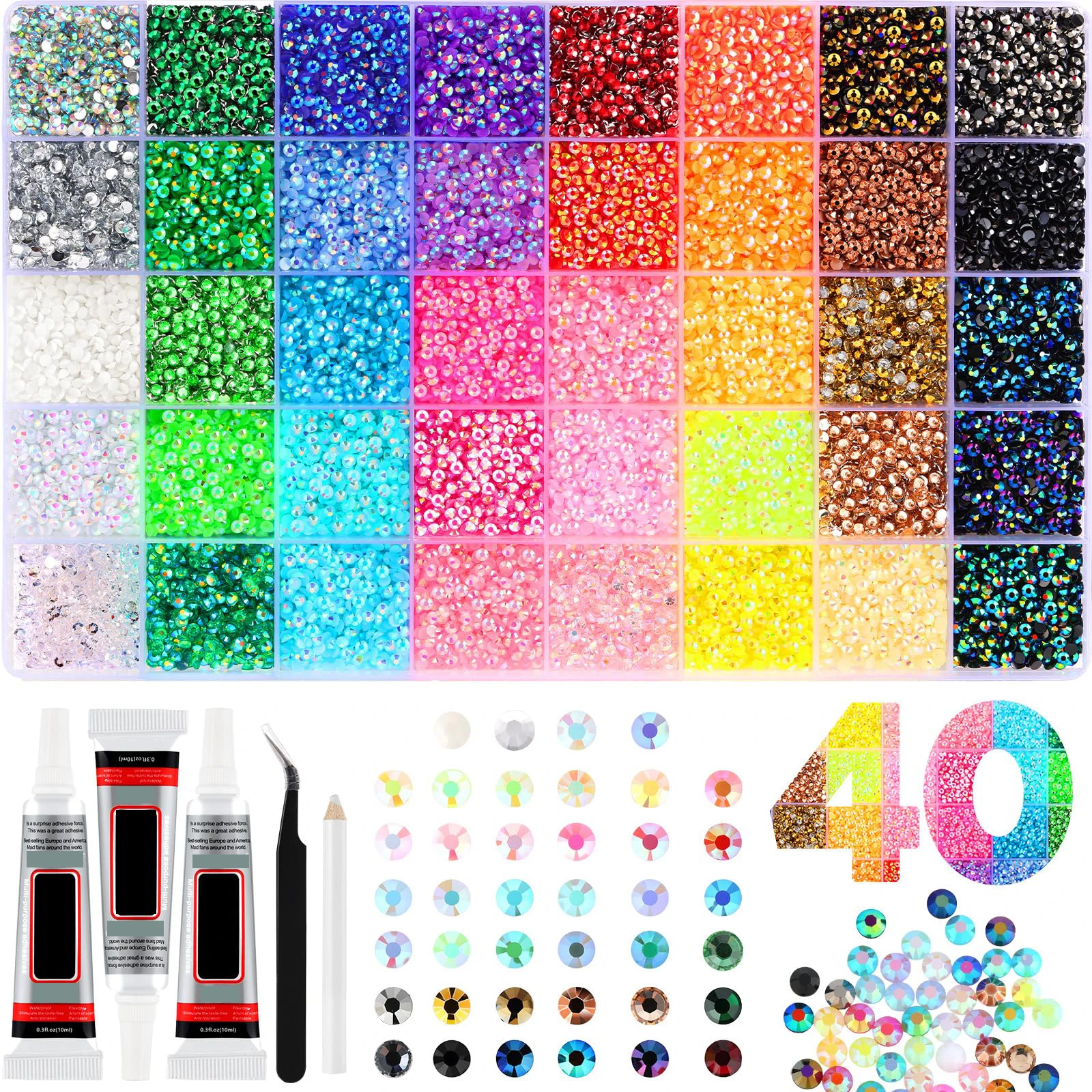 

﻿ 32,000 Pcs Resin Jelly Rhinestones, 40 Color 3mm Flatback Gems With 3 B7000 Glue Tubes, Ultimate Bedazzling Kit For Clothing,