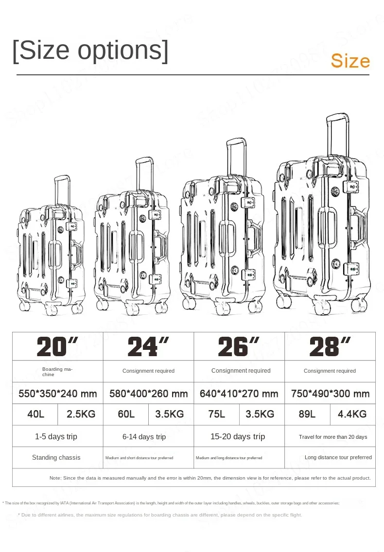 Large Capacity Suitcase Aluminum Frame Luggage Men Fashion Zipper Carry Ons Silent Shock Proof Trolley Case TSA Code Lock