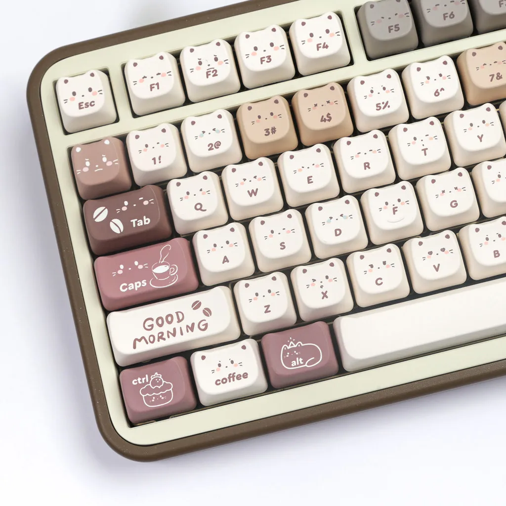 Coffee Cat Keycaps MAO Profile PBT Material DYE-SUB Cute Creative Cat Ear Keycaps 6.25u for Mechanical Keyboard