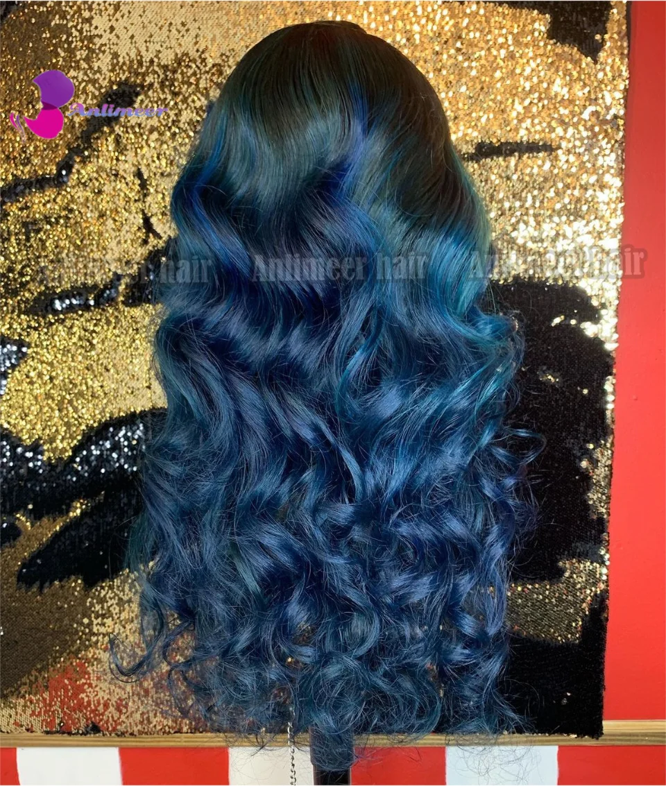 Ombre Blue Lace Front Wig Human Hair Right Side Part 13X6 Frontal Wig 100% Human Hair Lace Front Wigs Dark Blue Human Hair Wig