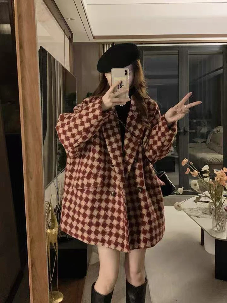 Vintage Faux Wool Plaid Suit Jacket Women Y2K Winter Thick Streetwear Loose Double Breasted Coat Korean All Match Blended Blazer
