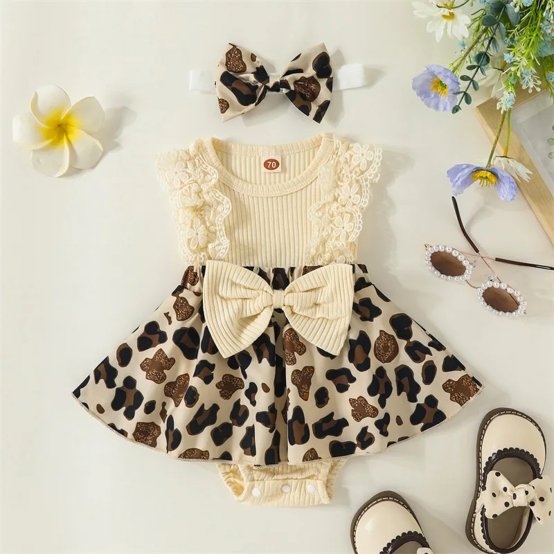 Baby Girl 2Pcs Summer Outfits Sleeveless Leopard Print Romper Dress with Headband Set