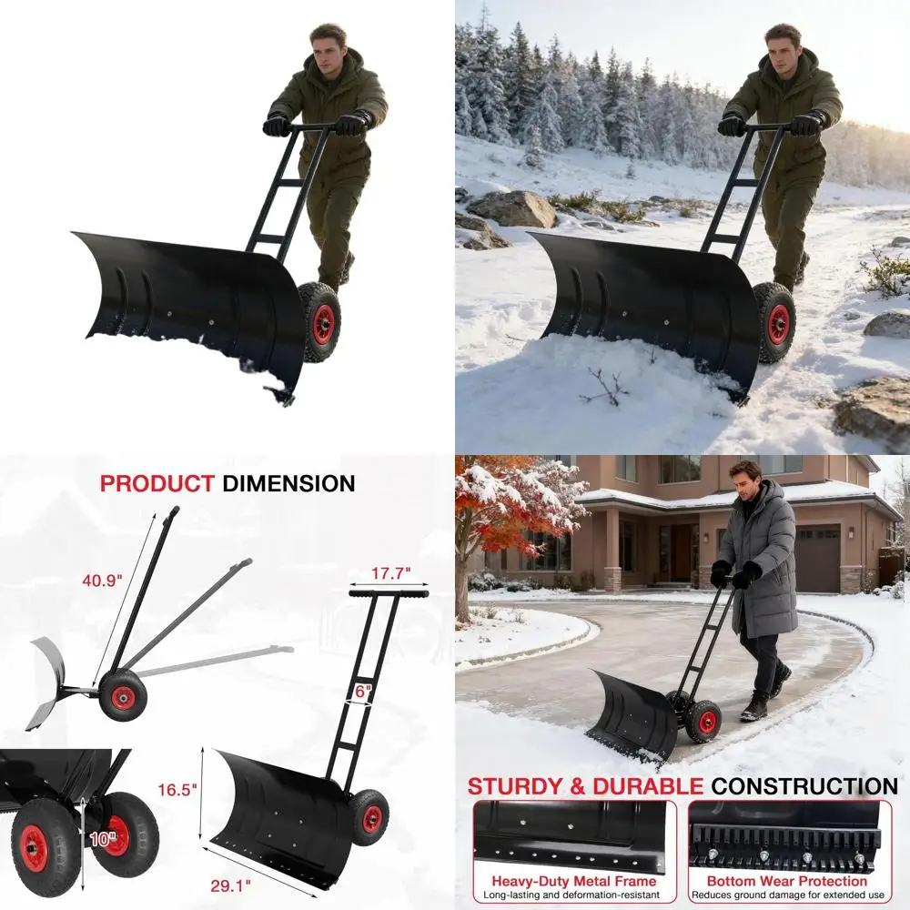 

Сверхмощная лопата для уборки снега 29,1x16,5 дюймов с 10 колесами, регулируемым углом наклона и высотой рукоятки для подъездных дорог и тротуаров