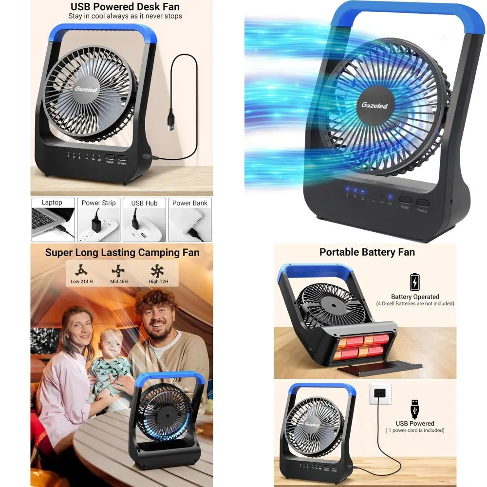 

Портативный вентилятор на 5 батарей типа D с 3 скоростями, таймером, бесшумной работой и углом обдува 180°. ° Вращение для использования внутри и вне помещений