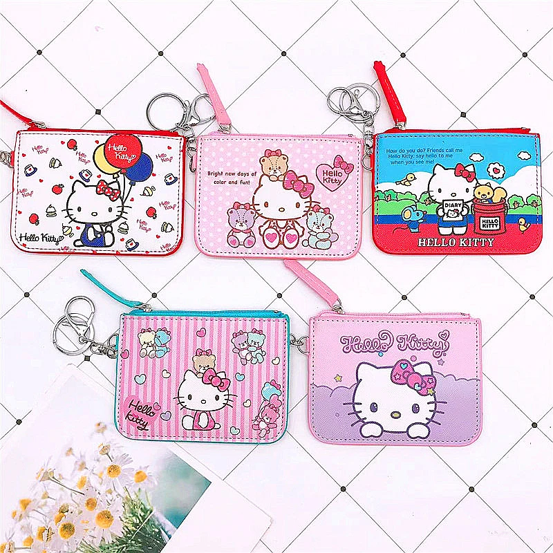 Sanrios Keychain Wallet Anime Figures HelloKittys Zipper Coin Storage Purse Kitty Cat Money Organizer Bag Hang Pendant Gifts