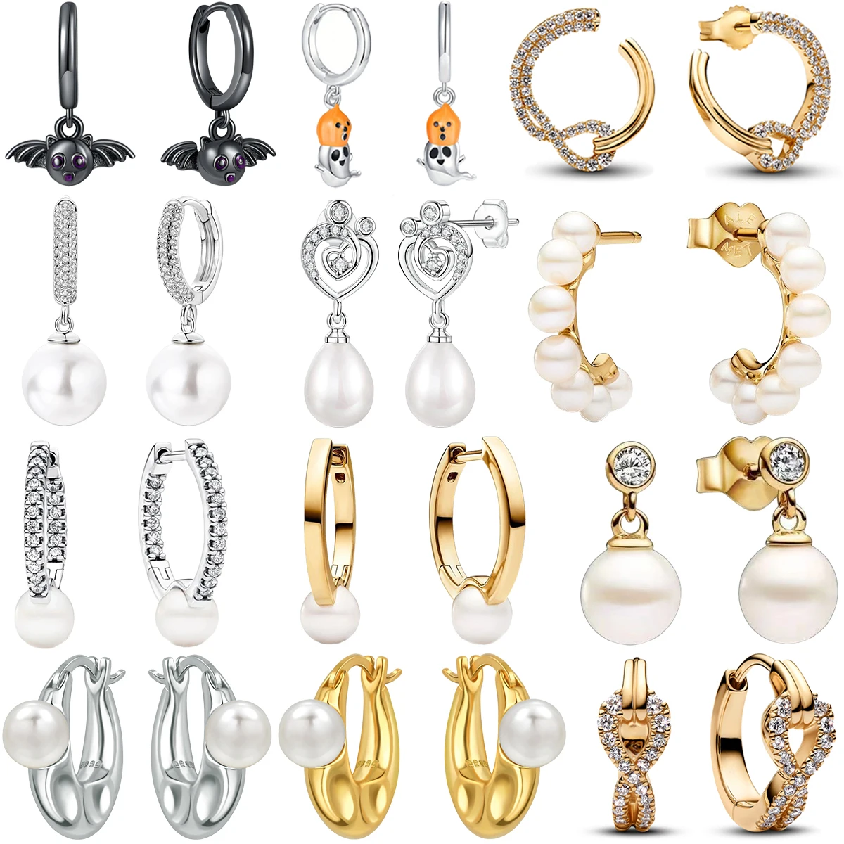 

Sparkling Pearl Heart Hoop Earrings Original 925 Sterling Silver Bat Ghost Halloween Earrings Luxury Women Fine Jewelry Gift