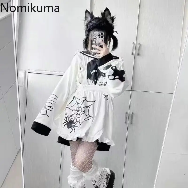 Anime Hoodie Women\'s Clothing Sailor Collar Thicked Cat Print Zipper Sweatshirts Coat Y2k Tops Casual Fashion Loose Cute Hoodies