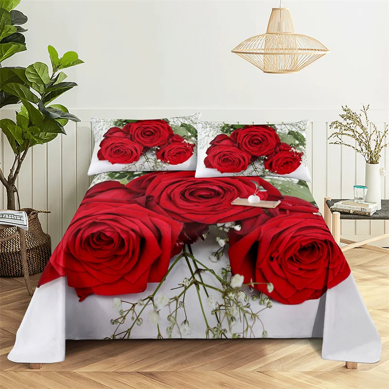 Red Rose Queen Sheet Set Girl Lovers Room Flowers Bedding Set Bed Sheets and Pillowcases Bedding Flat Sheet Bed Sheet Set