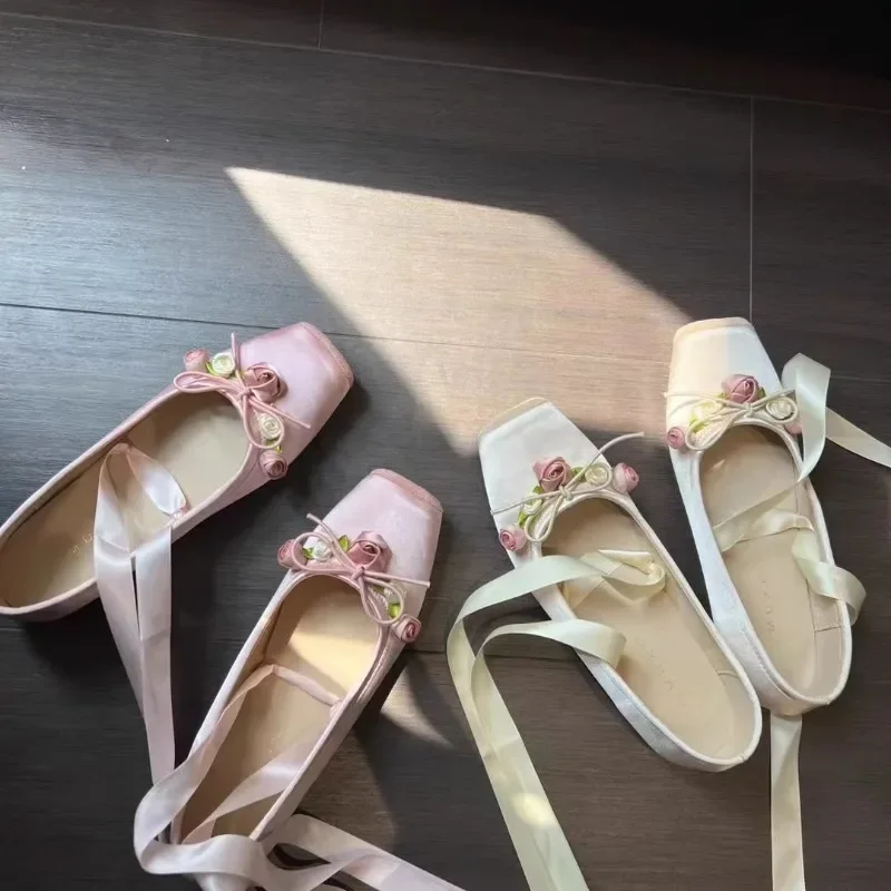 Zapatos planos de Ballet rosa para mujer, calzado con cordones, Mary Jane, flores dulces, Primavera