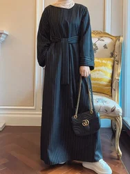 Ramadan Eid Gürtel Abaya Dubai Türkei Muslimischen Lange Hijab Kleid Twill Jacquard Streifen Abayas für Frauen Islamische Kleidung Kaftan Robe