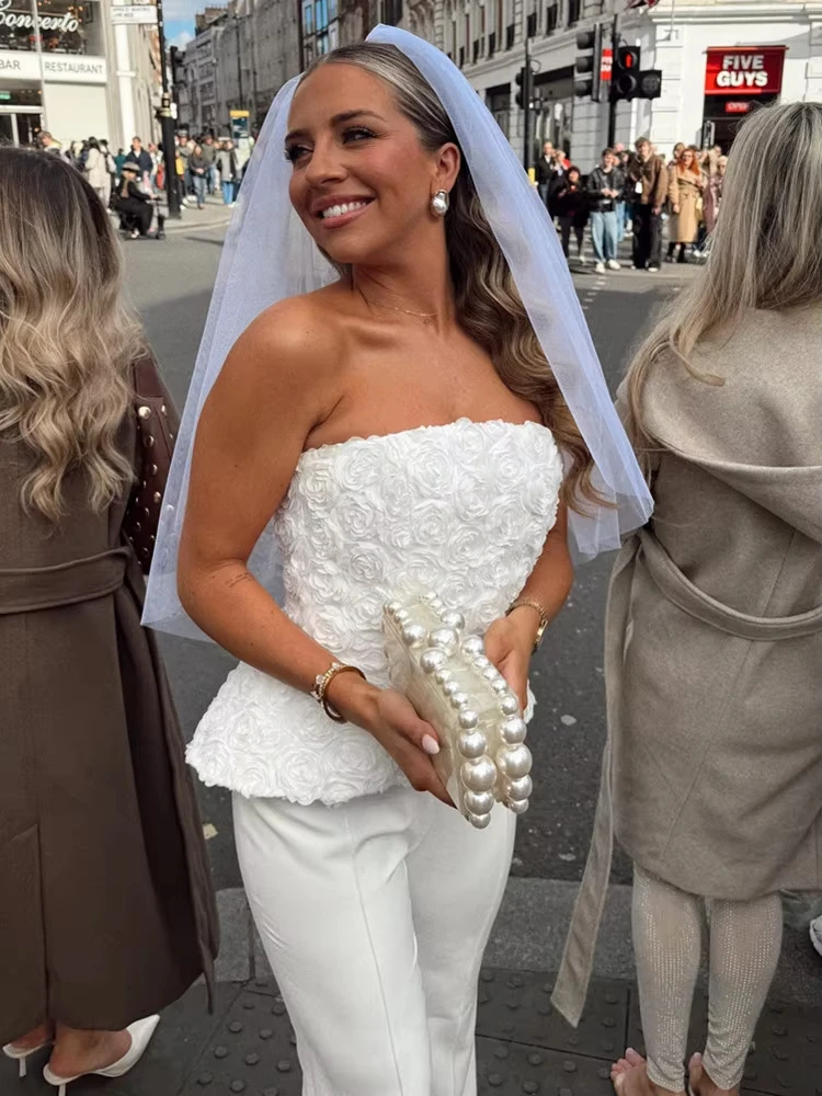 2025 Set da donna invernale sexy senza spalline fiore bianco due pezzi pantaloni fasciatura set celebrità designer moda donna